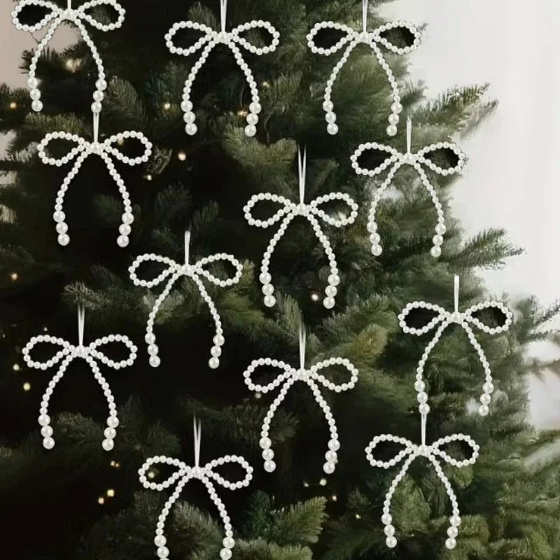 6/12pcs Xmas Tree Hand Woven Imitation Pearl Bow Hanging Ornaments 2025 Christmas Decoration for Home Navidad Gift New Year 2026