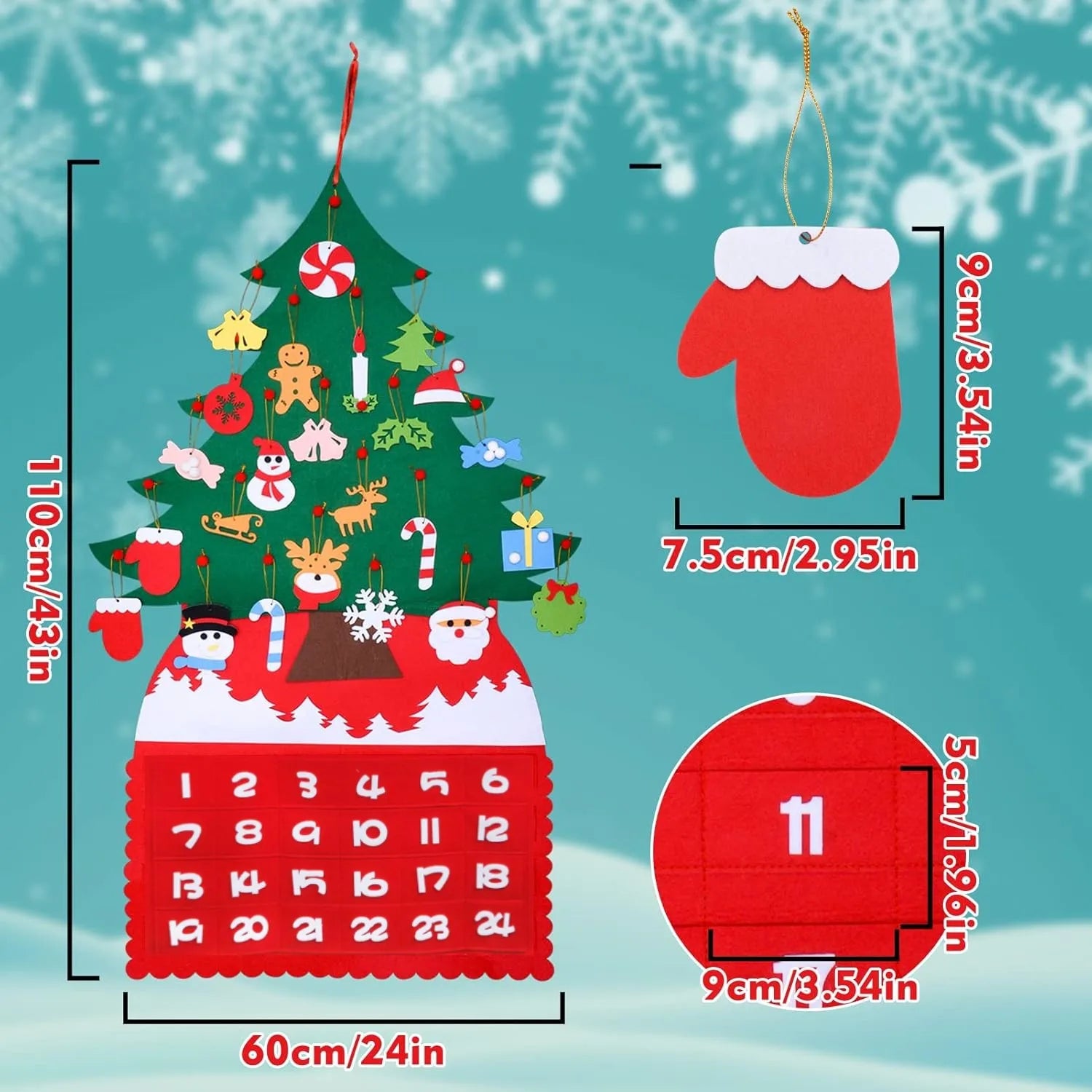 1 Pc Christmas Tree Advent Calendar, 24 Days Countdown to Christmas Felt Fabric Advent Calendar with 24 Ornaments & Pockets