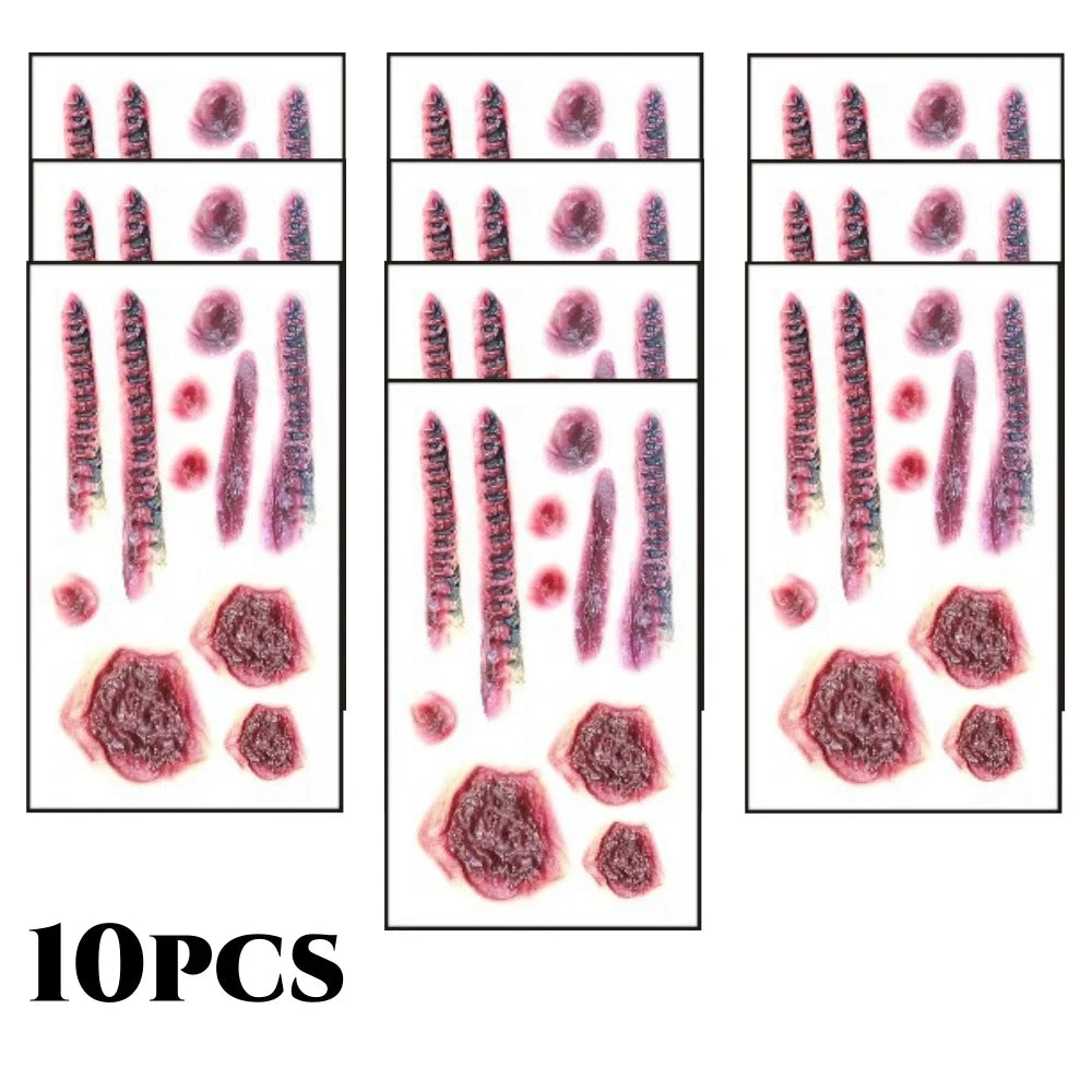 10pcs 3D Fake Scar Tattoos Sticker Body Face Realistic Scab Temporary Tattoos Halloween Horror Wound Bloody DIY Makeup Stickers