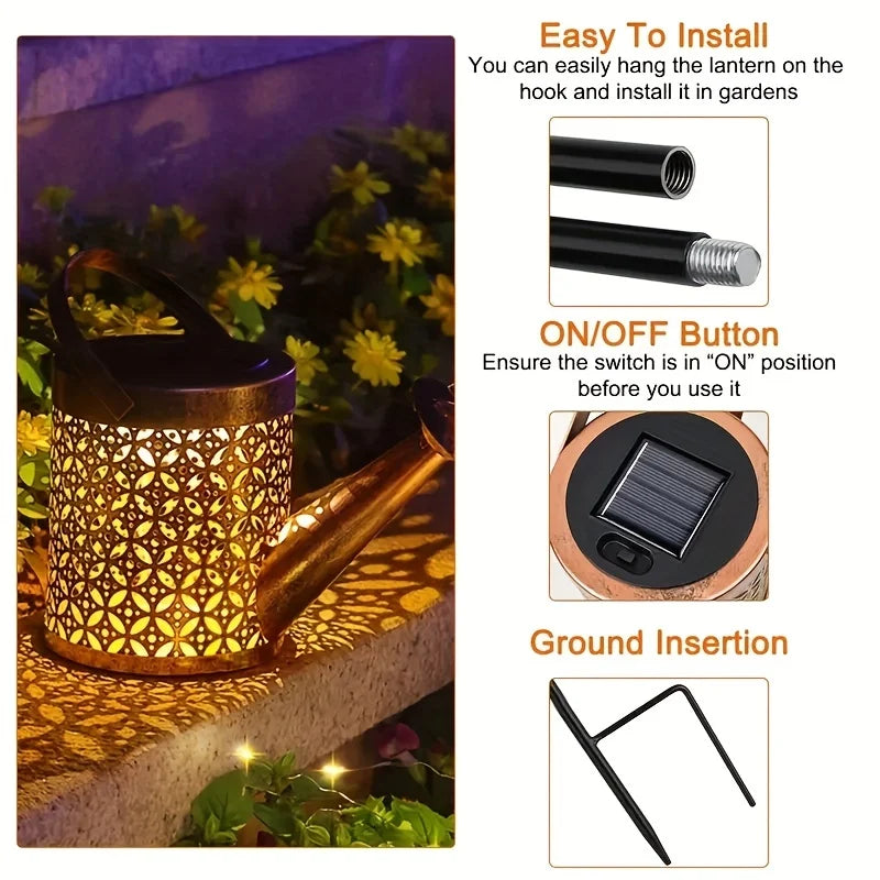 Metal Lantern Solar Watering Can Light Outdoor Solar Waterfall Lights Waterproof Hanging Light Garden Decor Fairy Art Decorative