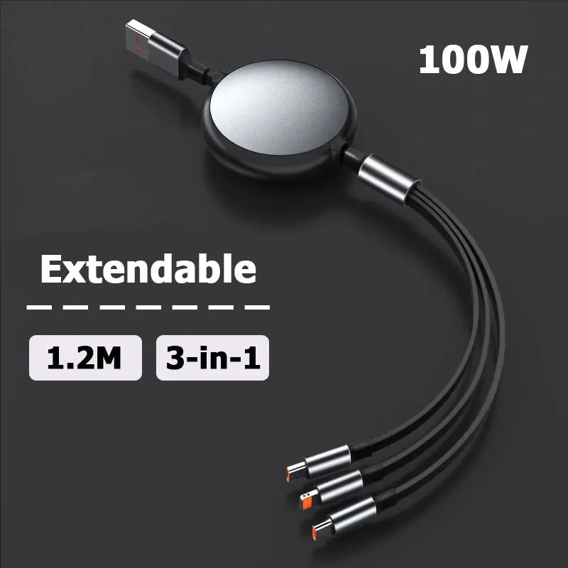 3-in-1 Retractable 100W 6A Fast Charging USB To Type-C Micro Fast Charger Cable For iPhone Samsung Xiaomi Huawei 1.2M Cables