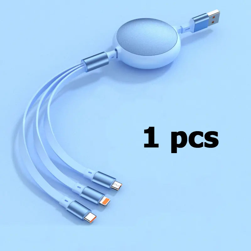 3-in-1 Retractable 100W 6A Fast Charging USB To Type-C Micro Fast Charger Cable For iPhone Samsung Xiaomi Huawei 1.2M Cables