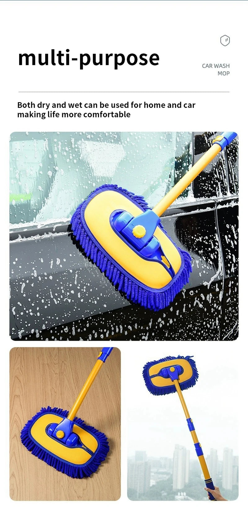 LEIBOO Car Wash Mop Cleaning Brush Telescoping Long Handle Cleaning Mop Retractable Bent Bar Car Wash Brush Car Cleaning Tools