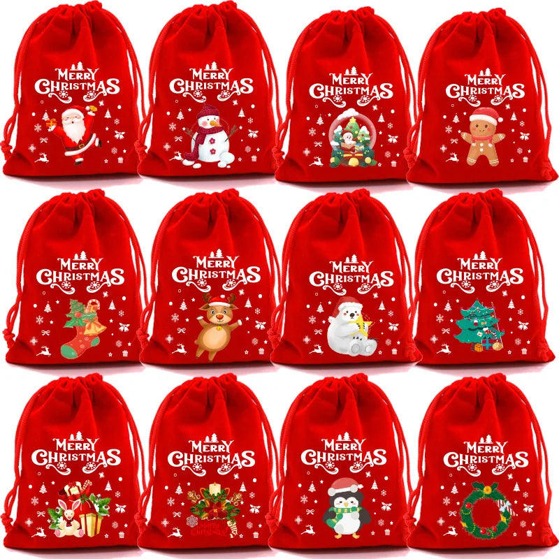 20pcs Xmas Velvet Bags Small Candy Gift Bag Drawstring Pouch Christmas Party Favor Boutique Jewelry Packaging Bags 2024 New Year