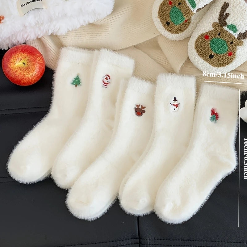 5 Pairs of Women'S Christmas Socks, White Furry Embroidered Holiday Socks, Warm Thick Fleece Fabric, Holiday Socks