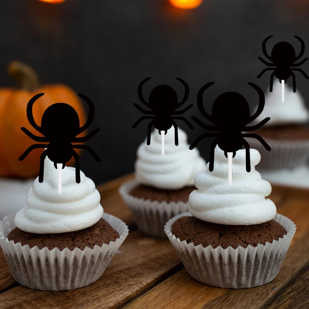 12/24pcs Halloween Black White Cupcake Topper Skull Ghost Bat Spider shape Cake Topper Decoration Halloween Birthday Party Decor