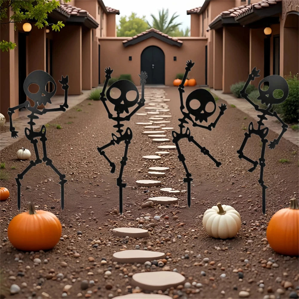 4PCS Spooky Dancing Skeleton Garden Stakes, Weatherproof Metal Yard Art for Halloween Decor, Easy Install Outdoor Lawn Ornaments