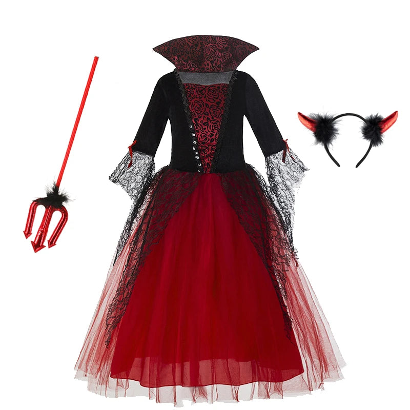 Girl Vampire Halloween Dress for Kid Ghost Bride Gothic Cosplay Vampire Costume Dress for Kids Carnival Outfit Black Red Clothes
