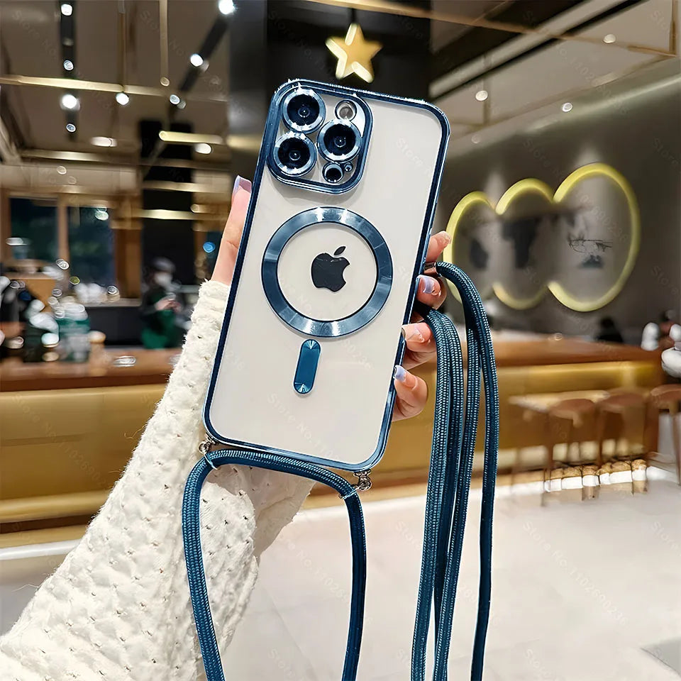 Luxury Phone Charm Strap For Magsafe Magnetic Case For iPhone 15 14 13 12 11 Pro Max 15 Plus Wireless Charging Cover Hange Rope