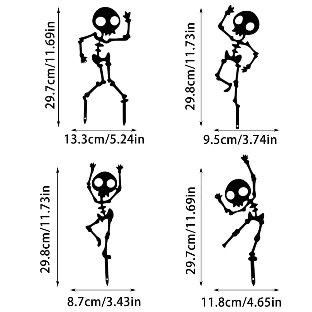 4PCS Spooky Dancing Skeleton Garden Stakes, Weatherproof Metal Yard Art for Halloween Decor, Easy Install Outdoor Lawn Ornaments