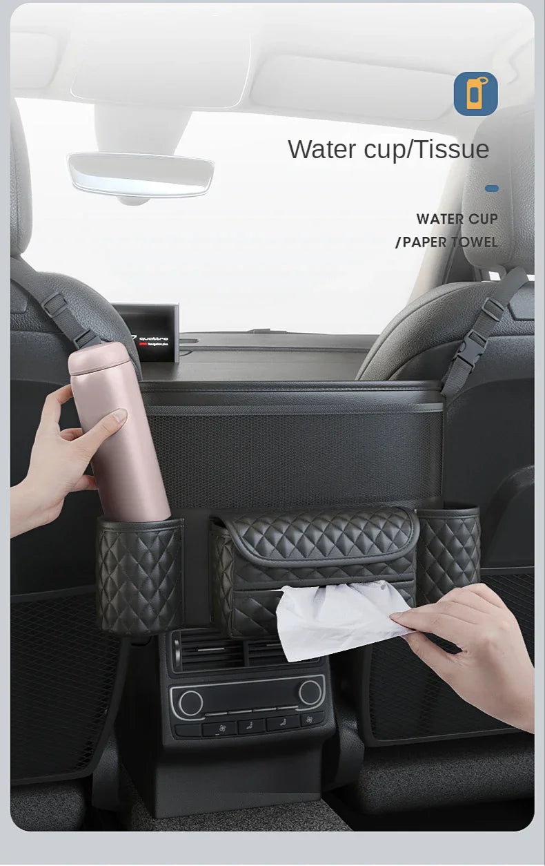Leather Car Seat Middle Hanger Storage Bag Luxury Auto Handbag Holder Between Seats Tissue Water Cup Pockets Stowing Tidying