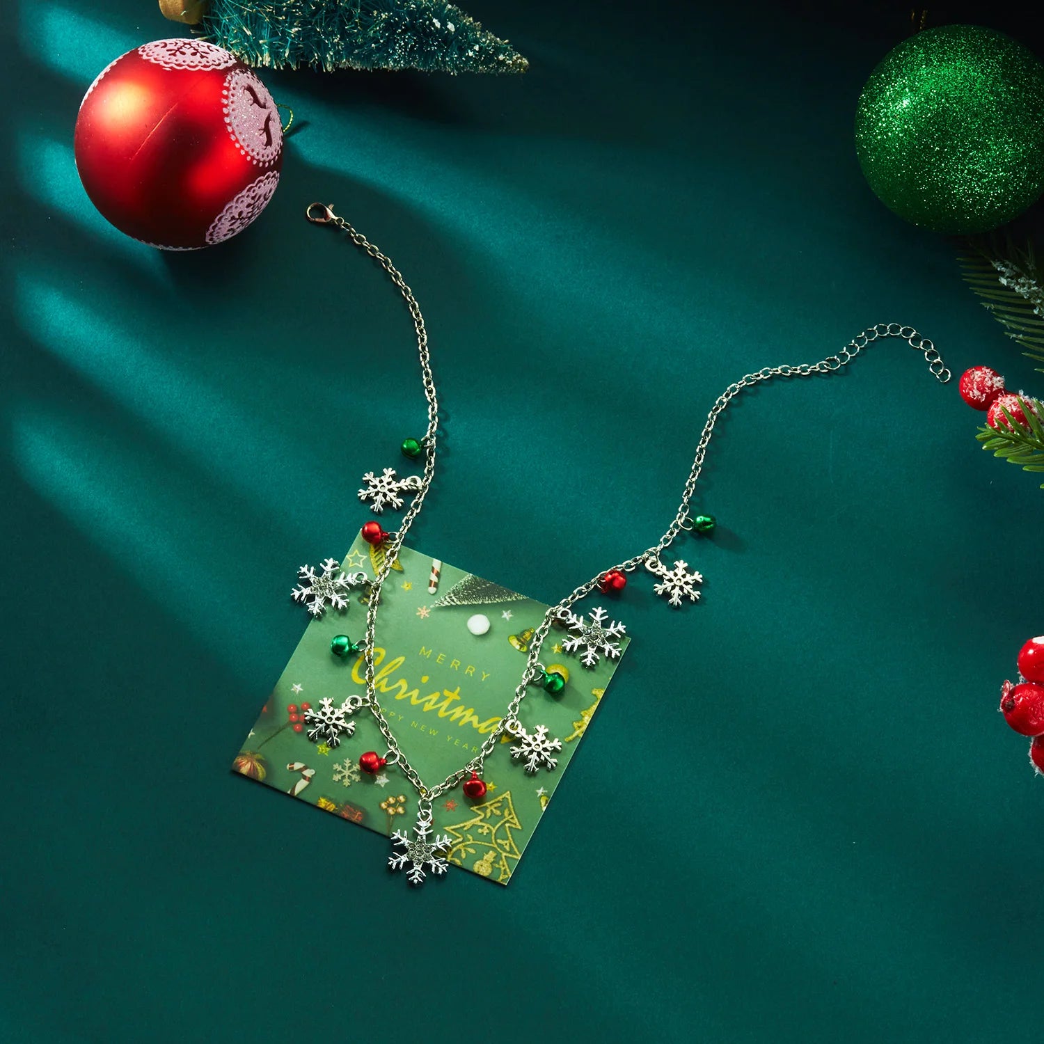 Christmas Glitter Snowflake Bell Pendant Bracelet for Women Rhinestone Necklace Xmas Joy Holiday Party Jewelry Gift