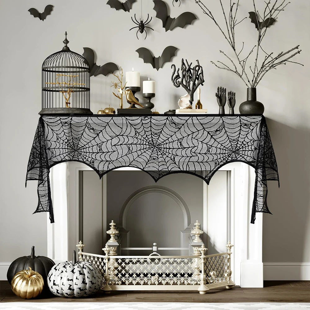 Halloween Home Party Decorations Black Lace Table Runner Spider Web Fireplace Mantel Cover Halloween Decorations Cloth Supplies
