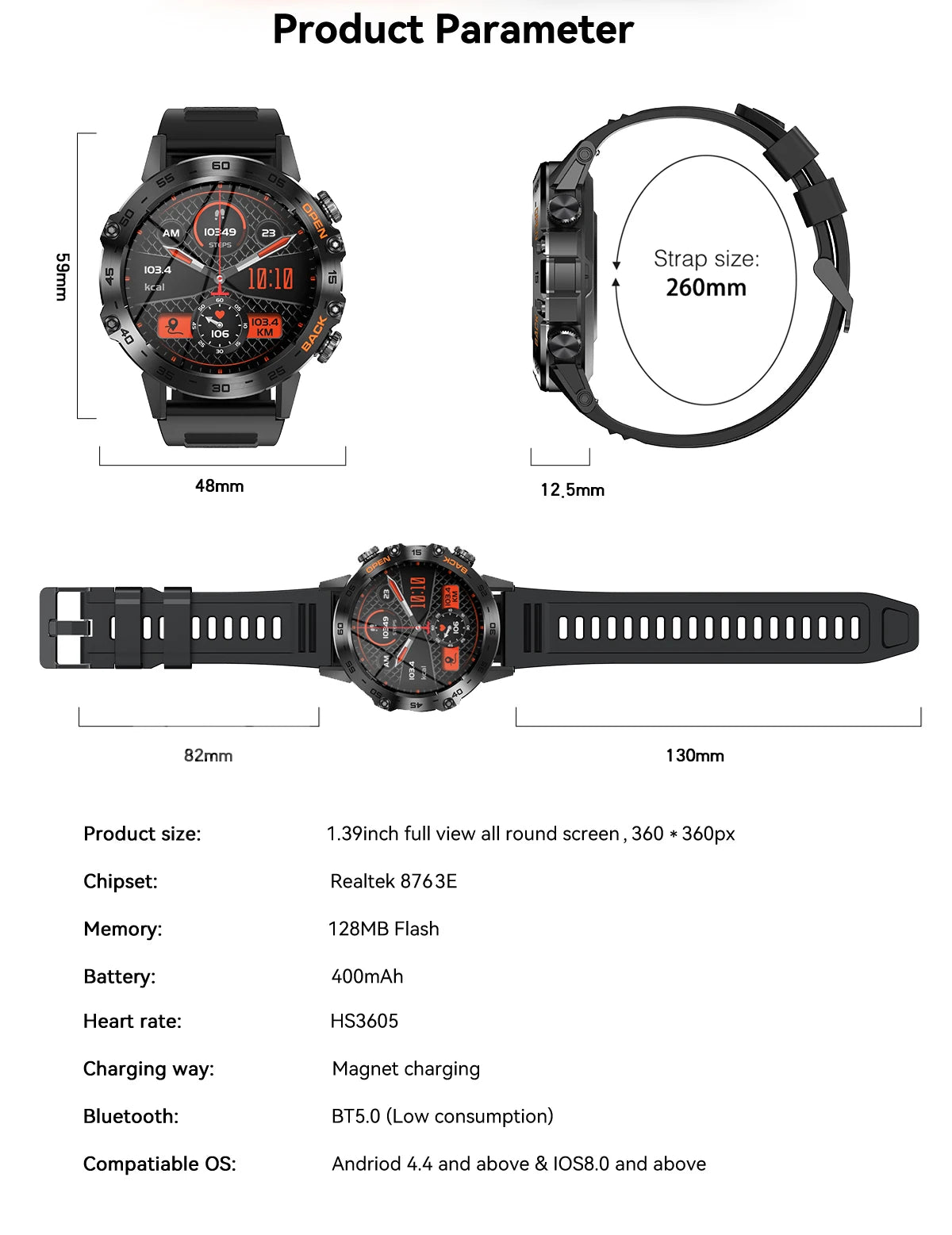 Abelanja Steel 1.39 Bluetooth Call Smart Watch Men Sports Fitness Tracker Watches IP67 Waterproof Smartwatch for Android IOS K52