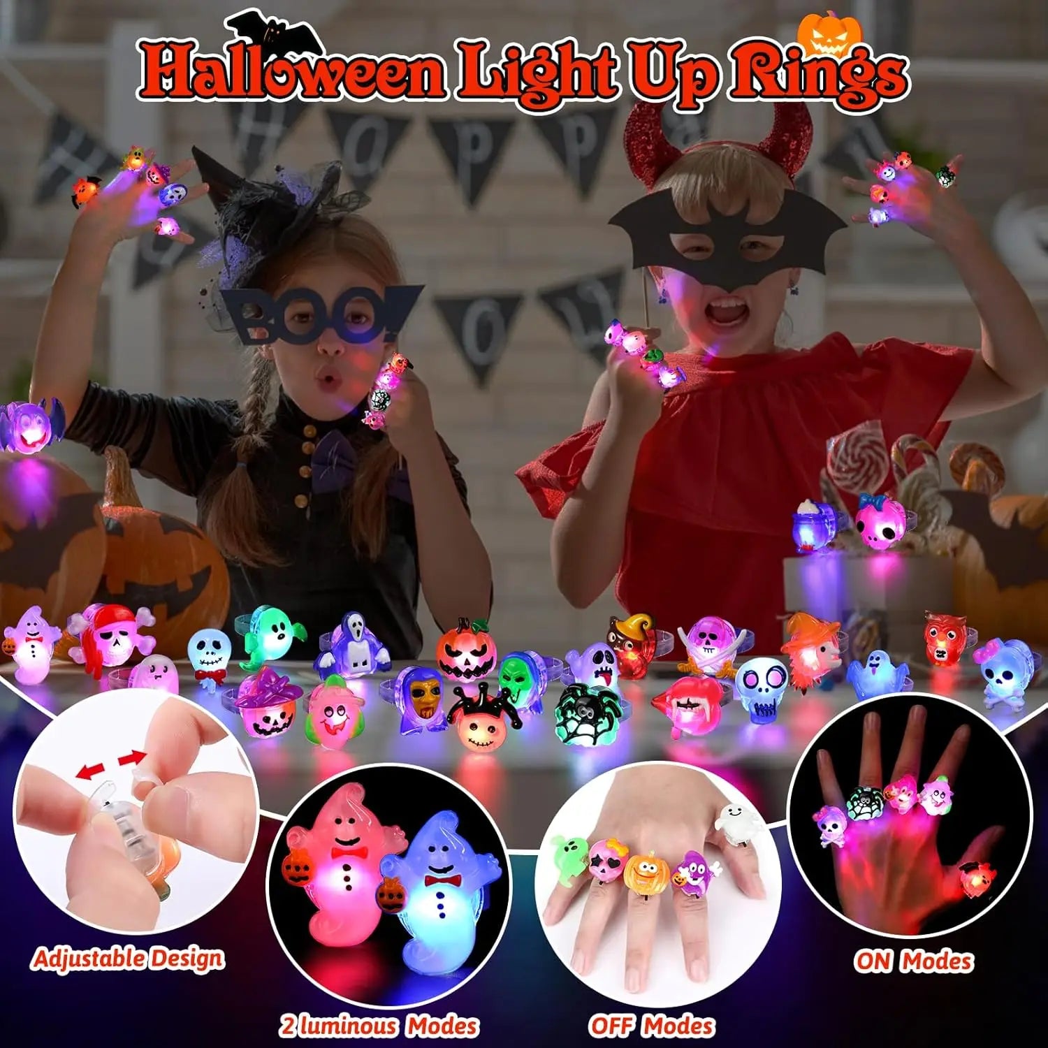 30-150PCS 3D Light Up Rings Bulk Halloween Treats Toys Party Favors for Kids Non Candy Treats Glow In The Dark Party Gifts for K