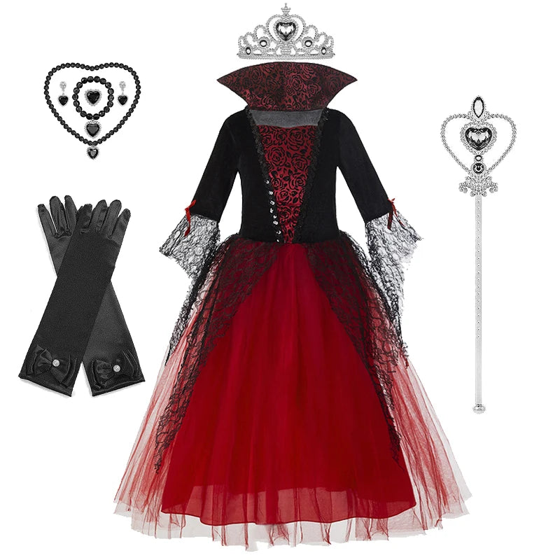 Girl Vampire Halloween Dress for Kid Ghost Bride Gothic Cosplay Vampire Costume Dress for Kids Carnival Outfit Black Red Clothes