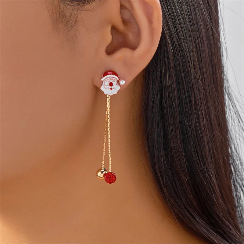 Moving Santa Claus Tassel Dangle Earrings For Women Christmas Tree Snowflake Asymmetric Long Chain Earring New Year Jewelry Gift