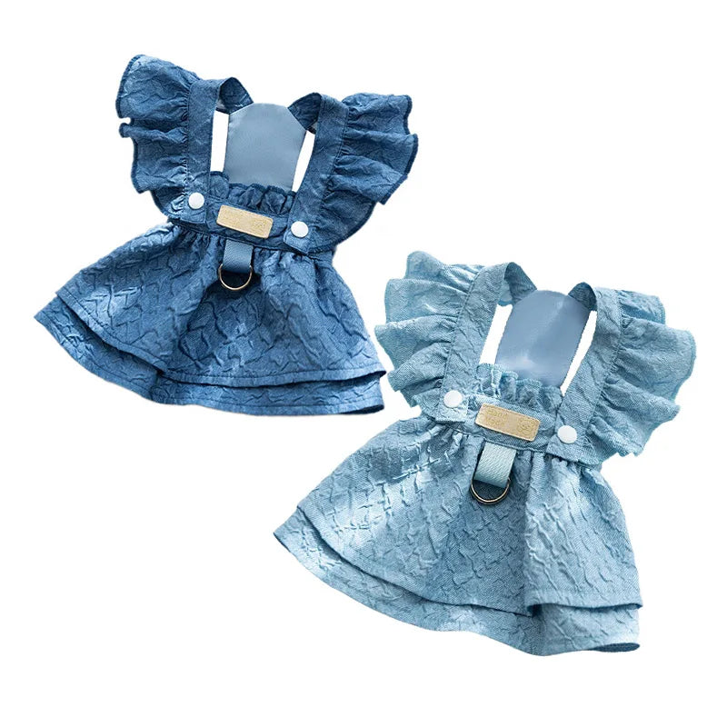 Dog Girl Dresses for Dogs Puppy Spring Clothes with Leash Ring Flying Sleeves Summer Cat Outfits Blue One Piece Chihuahua Appare
