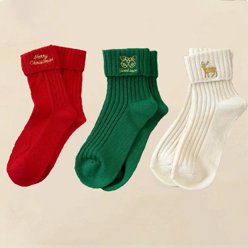 3 Pairs Cotton Cartoon Christmas Socks for Women Autumn Winter Warm Comfortable Cute Mid-tube Embroidery Merry Christmas Gifts