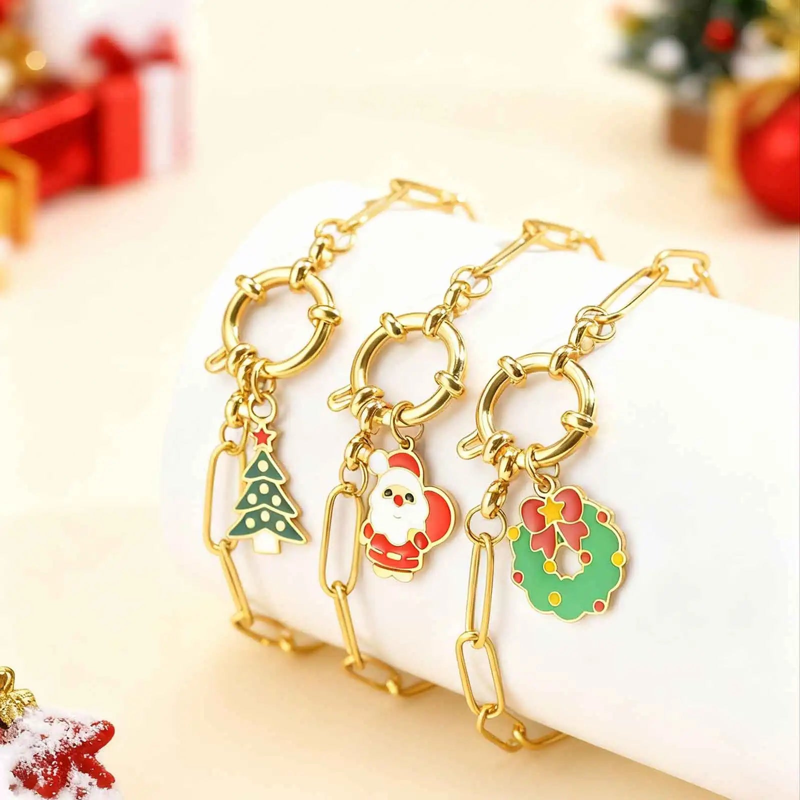 18CM Cute Santa Bubble Buckle Bracelet for Women,Gold Plated Stainless Steel Small Square Chain Bracelets,Merry Christmas Gift