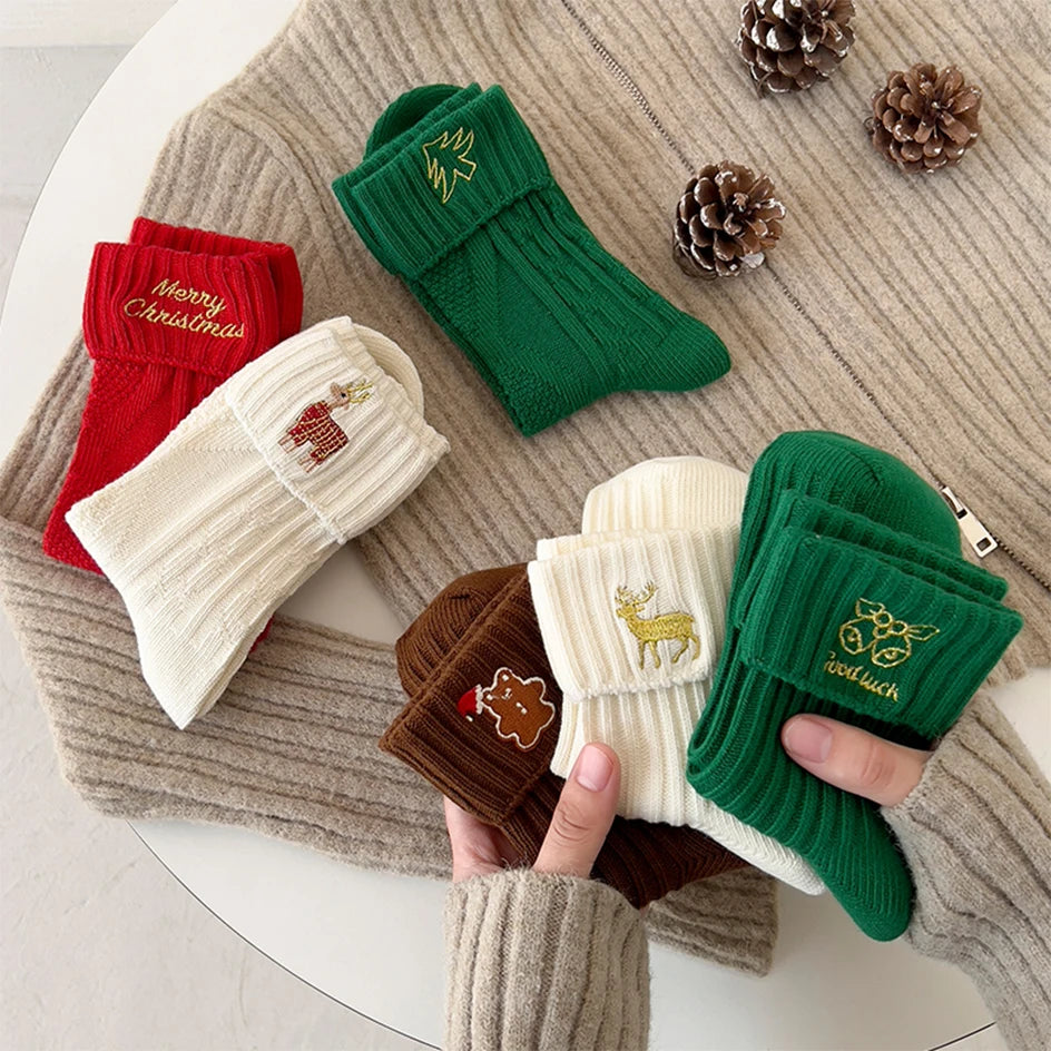 3 Pairs Cotton Cartoon Christmas Socks for Women Autumn Winter Warm Comfortable Cute Mid-tube Embroidery Merry Christmas Gifts