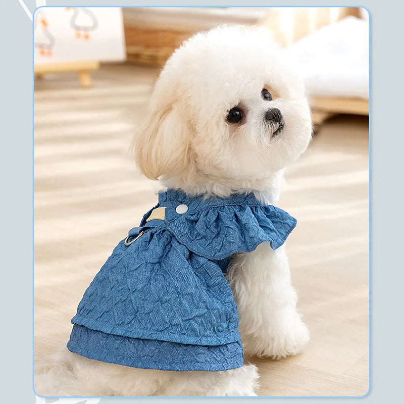 Dog Girl Dresses for Dogs Puppy Spring Clothes with Leash Ring Flying Sleeves Summer Cat Outfits Blue One Piece Chihuahua Appare