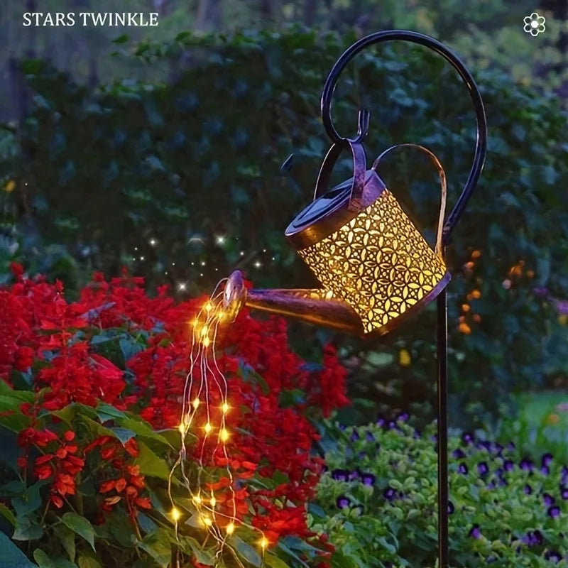 Metal Lantern Solar Watering Can Light Outdoor Solar Waterfall Lights Waterproof Hanging Light Garden Decor Fairy Art Decorative
