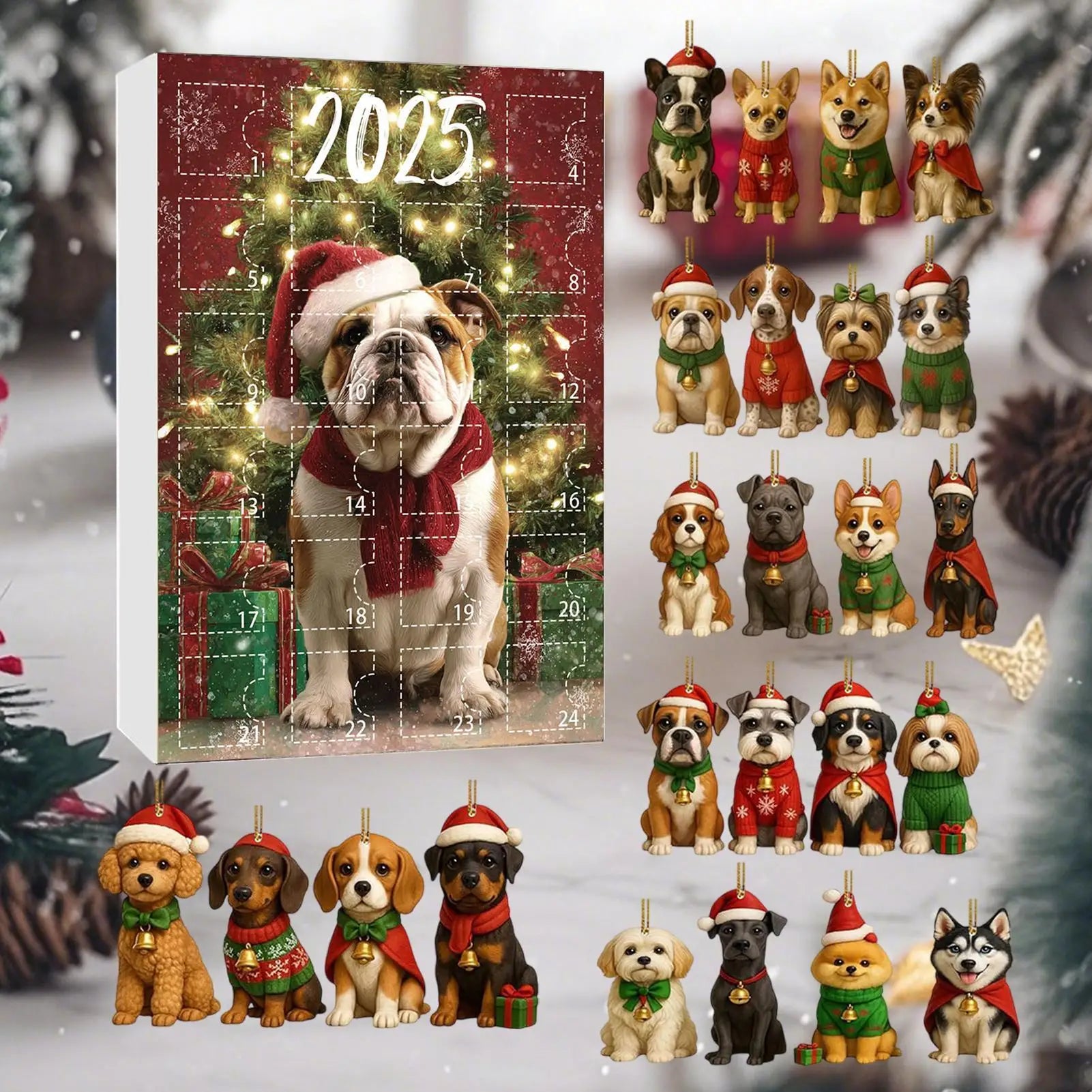 Dog Advent Calendar 24 Days Countdown 2D Acrylic Christmas Ornaments Pet Lover Gift Tree Home Window Car Holiday Decorations