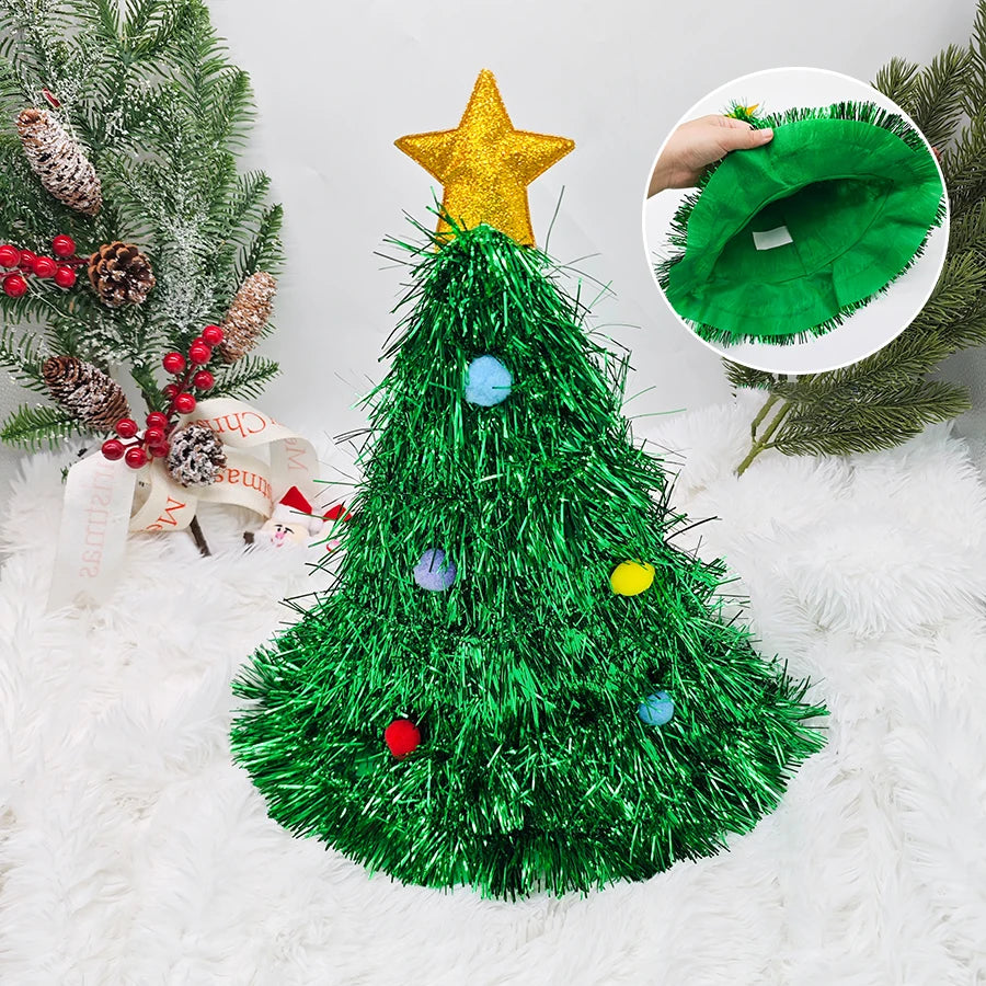 Christmas Tree Hats Fabric Rain Silk Hat for Adults Kids Funny Santa Hat with Tinsel Xmas Holiday Party Costume New Year Decor