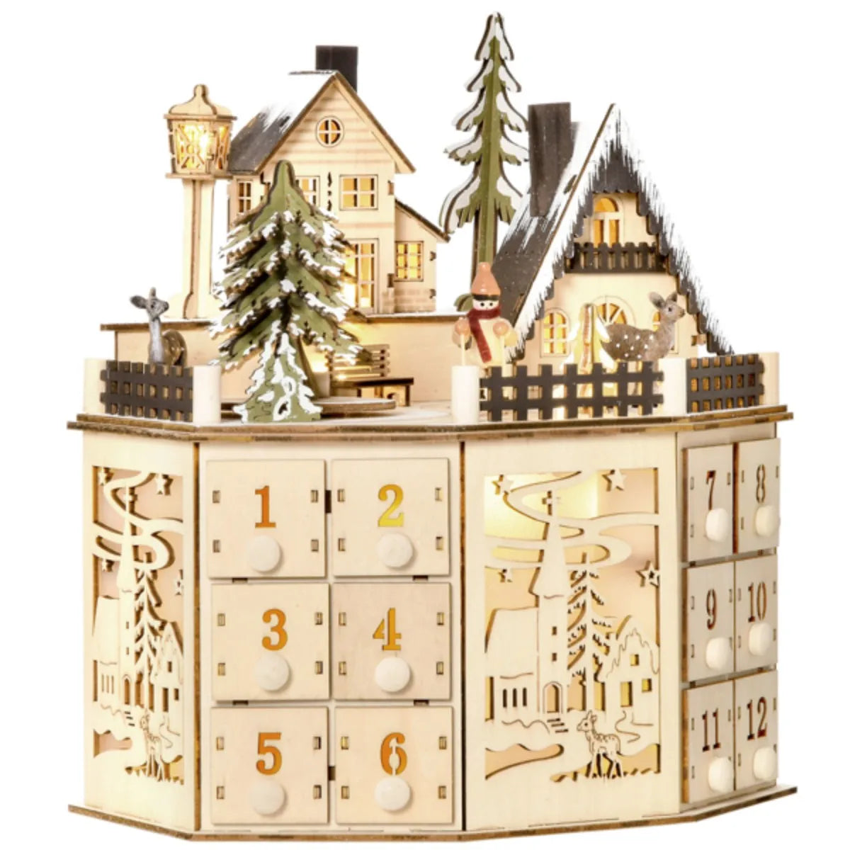 Handmade Wooden Advent Calendar 24 Day Countdown with Musical Village Scene Decoration Xmas Party Decoration