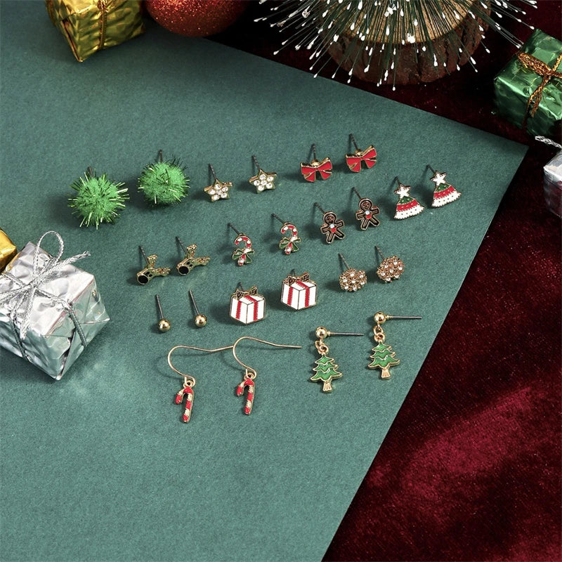 24pcs Christmas Combination Earrings Set for Women Small Shiny Zircon Xmas Tree Santa Claus Snowflake Earring Party Jewelry Gift