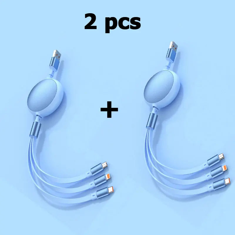 3-in-1 Retractable 100W 6A Fast Charging USB To Type-C Micro Fast Charger Cable For iPhone Samsung Xiaomi Huawei 1.2M Cables