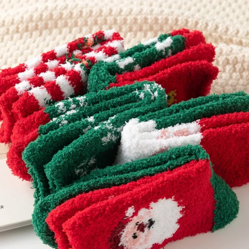 5 Pairs New Autumn and Winter Christmas Thickened Cute Warm Coral Fleece Socks Velvet Santa Fawn Snowflake Women Socks
