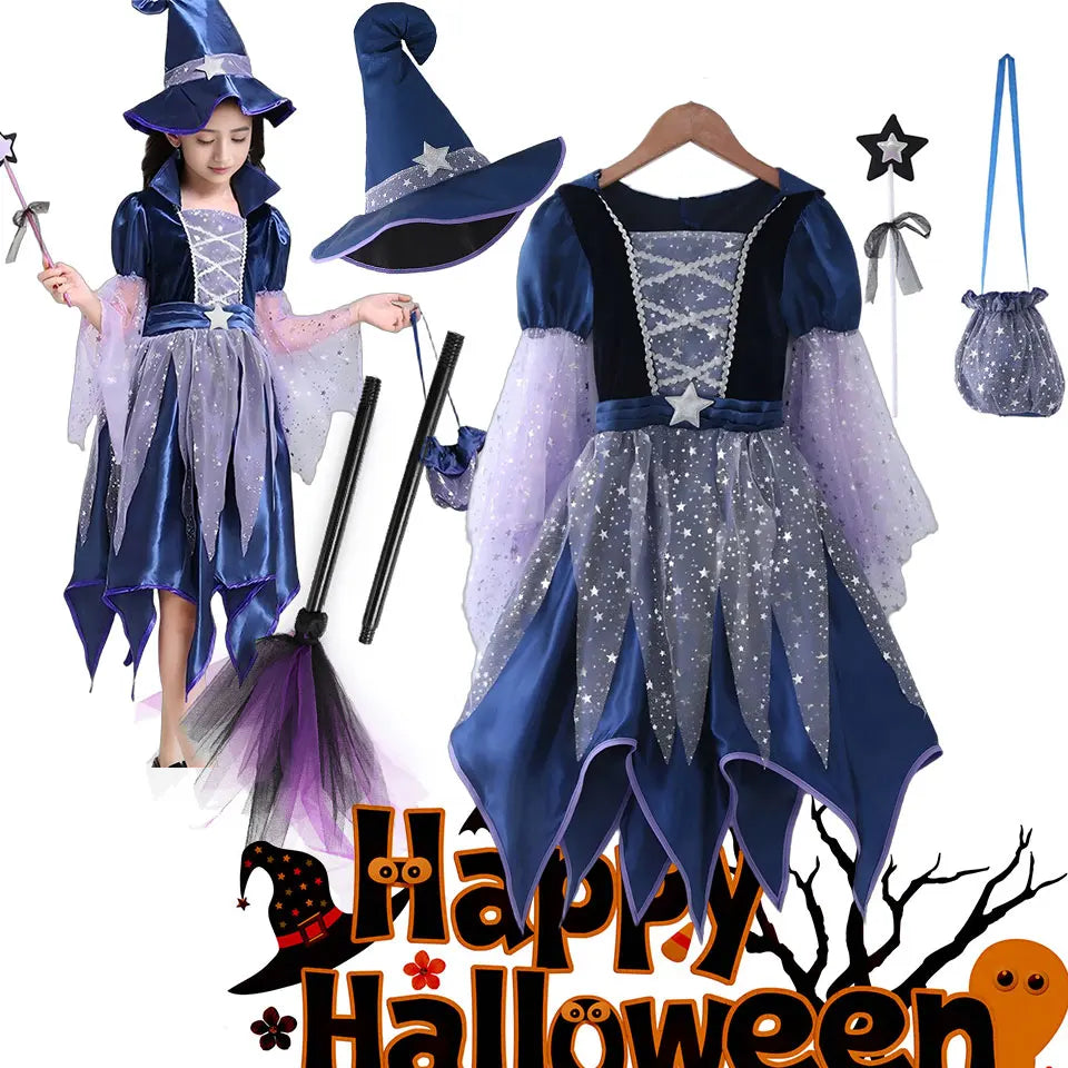 God Mother Fairy Dress with Witch Hat Wand Bag Girls Halloween Costume Witch Cosplay All Saint's Day 4Pcs Wizard Vestidos Suit