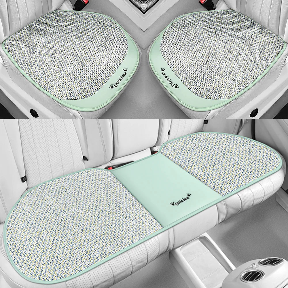 3pcs, Breathable Car Seat cushion - PU Leather + Cool Ice Rattan Weave, Playful Embroidery
