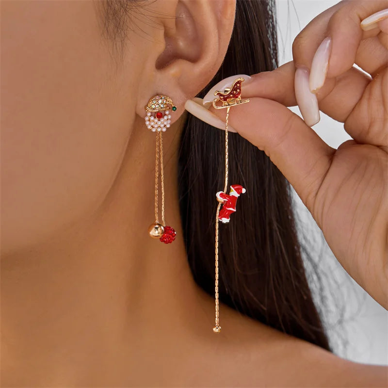 Moving Santa Claus Tassel Dangle Earrings For Women Christmas Tree Snowflake Asymmetric Long Chain Earring New Year Jewelry Gift