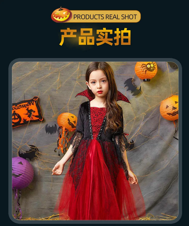 Girls Boys Vampire Dress Kid Ghost Bride Gothic Cosplay Vampire Devil Bat Halloween Costume Vampiran Carnival Outfit Clothes
