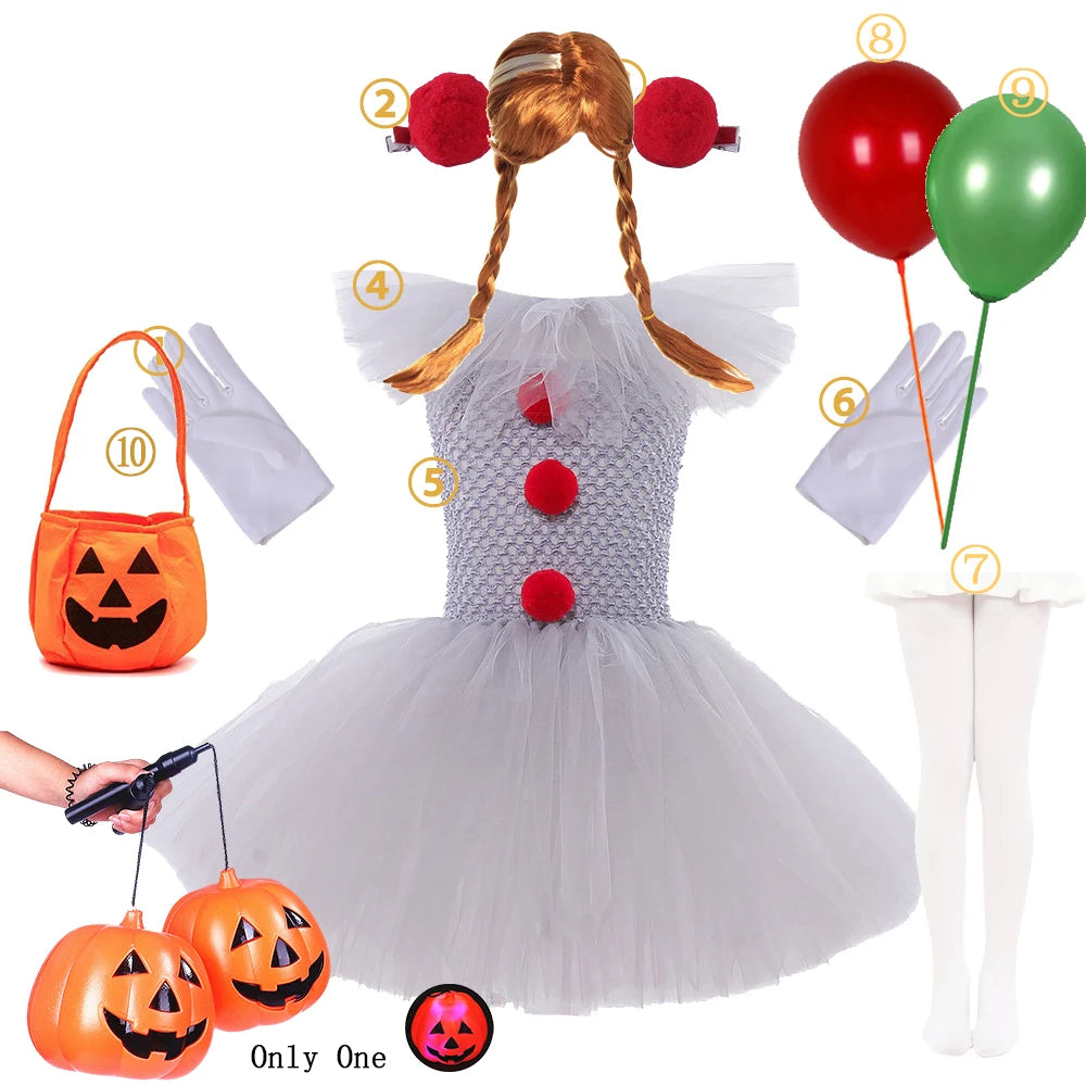 Halloween Clown Dress Kids Horror Movie Cosplay Costume Set for Girls Carnival Party Party Dress Up Clowns Clothing 3-10Yre