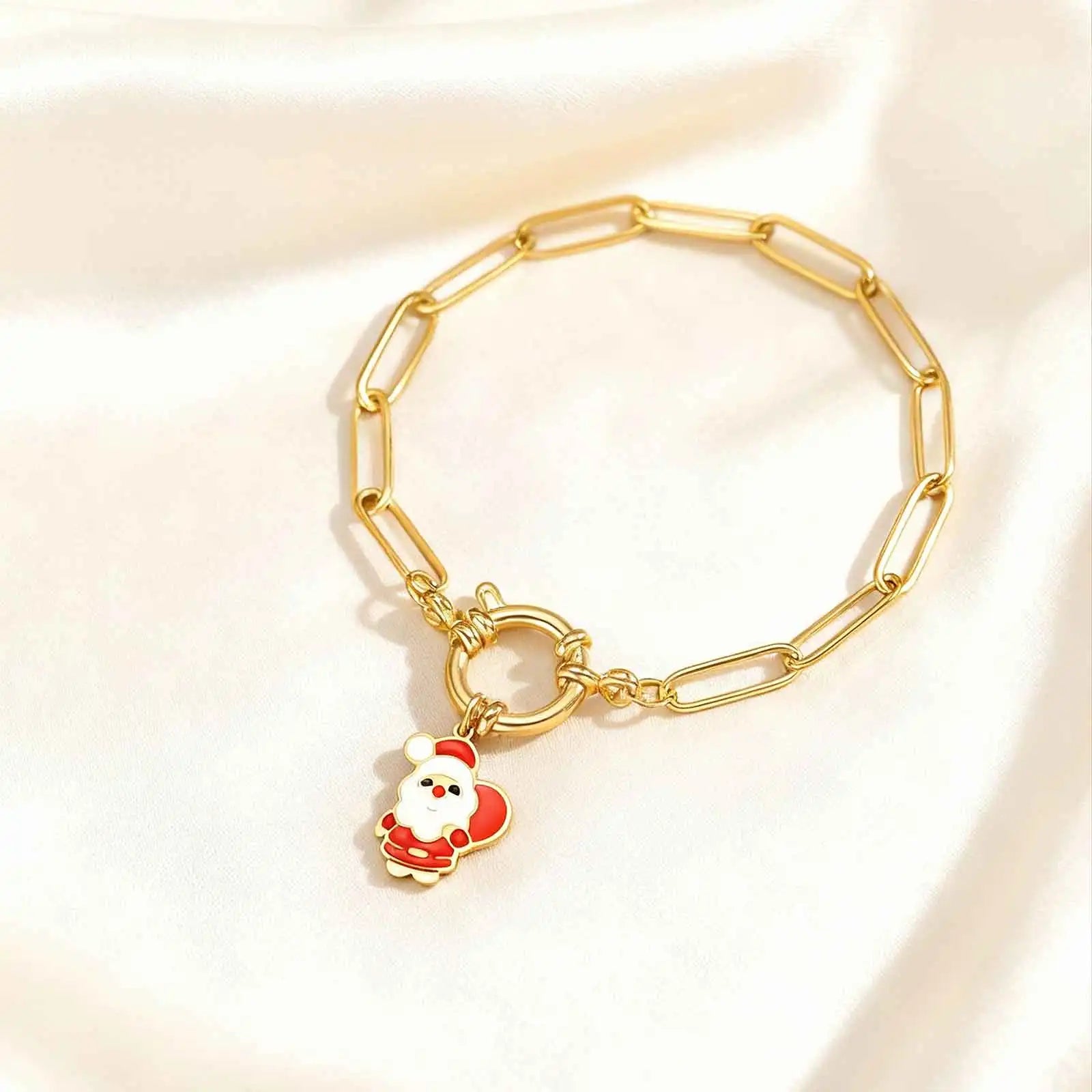 18CM Cute Santa Bubble Buckle Bracelet for Women,Gold Plated Stainless Steel Small Square Chain Bracelets,Merry Christmas Gift