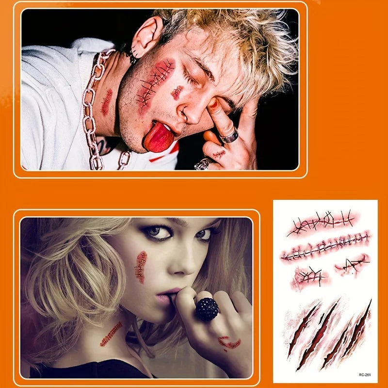 10pcs 3D Fake Scar Tattoos Sticker Body Face Realistic Scab Temporary Tattoos Halloween Horror Wound Bloody DIY Makeup Stickers