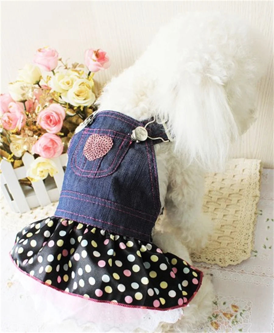 Denim Dot Dog Dress, Summer Pet Clothes, Wedding Skirt, Spring