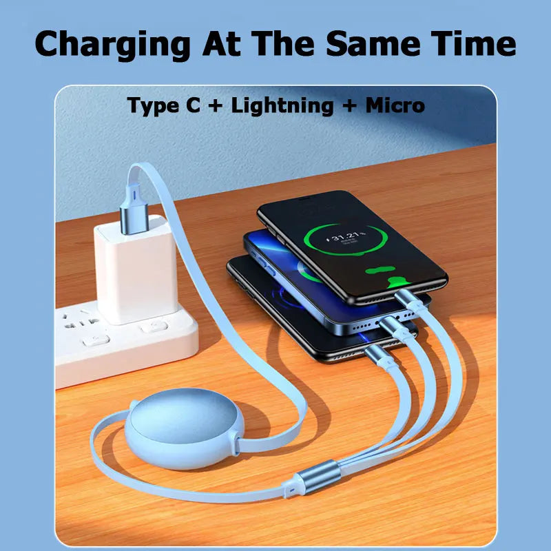 3-in-1 Retractable 100W 6A Fast Charging USB To Type-C Micro Fast Charger Cable For iPhone Samsung Xiaomi Huawei 1.2M Cables