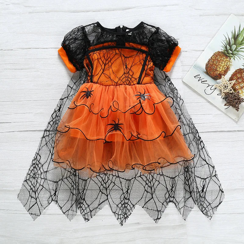 Baby Halloween Costume Girls Princess Spider Mesh Dress Children Vampire Performance Elegant Clothes Witch Dresses 1-6 Y