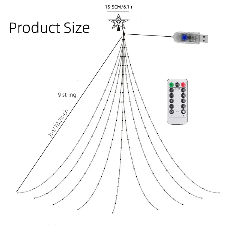 2025 New Year Decoration Christmas Fairy String Lights Outdoor USB Remote Stars Waterfall Garden Lights for Home Party Wedding