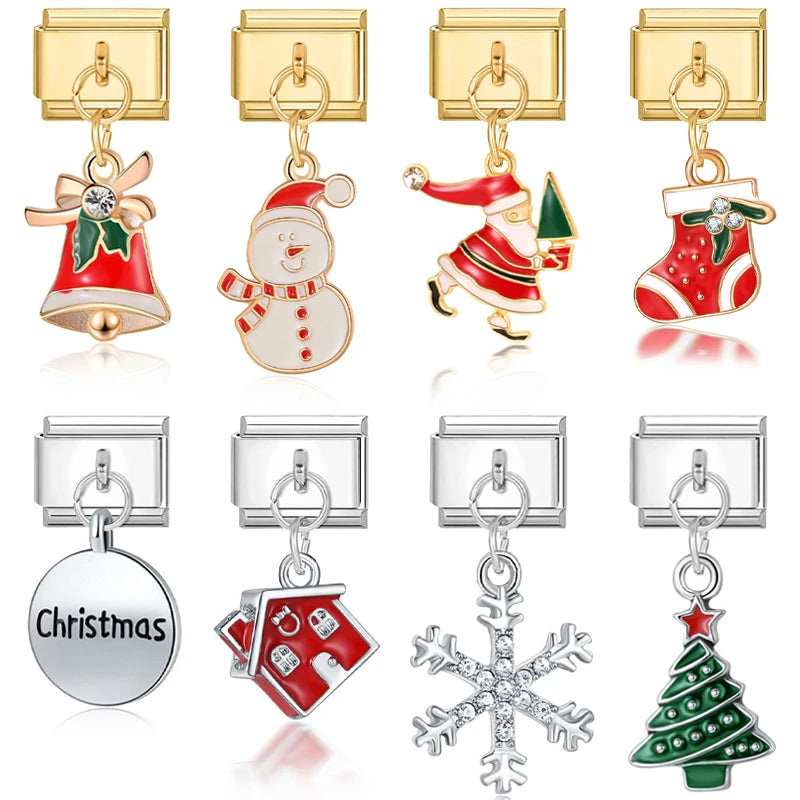 2025 New Original Christmas Tree Santa Claus Italian Charm Links Fit 9mm Bracelet Stainless Steel Jewelry Making Christmas Gift