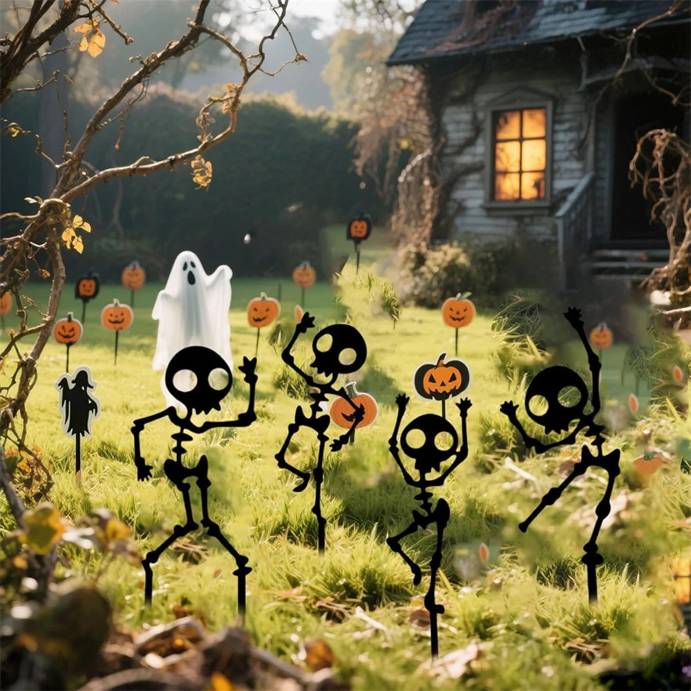 4PCS Spooky Dancing Skeleton Garden Stakes, Weatherproof Metal Yard Art for Halloween Decor, Easy Install Outdoor Lawn Ornaments