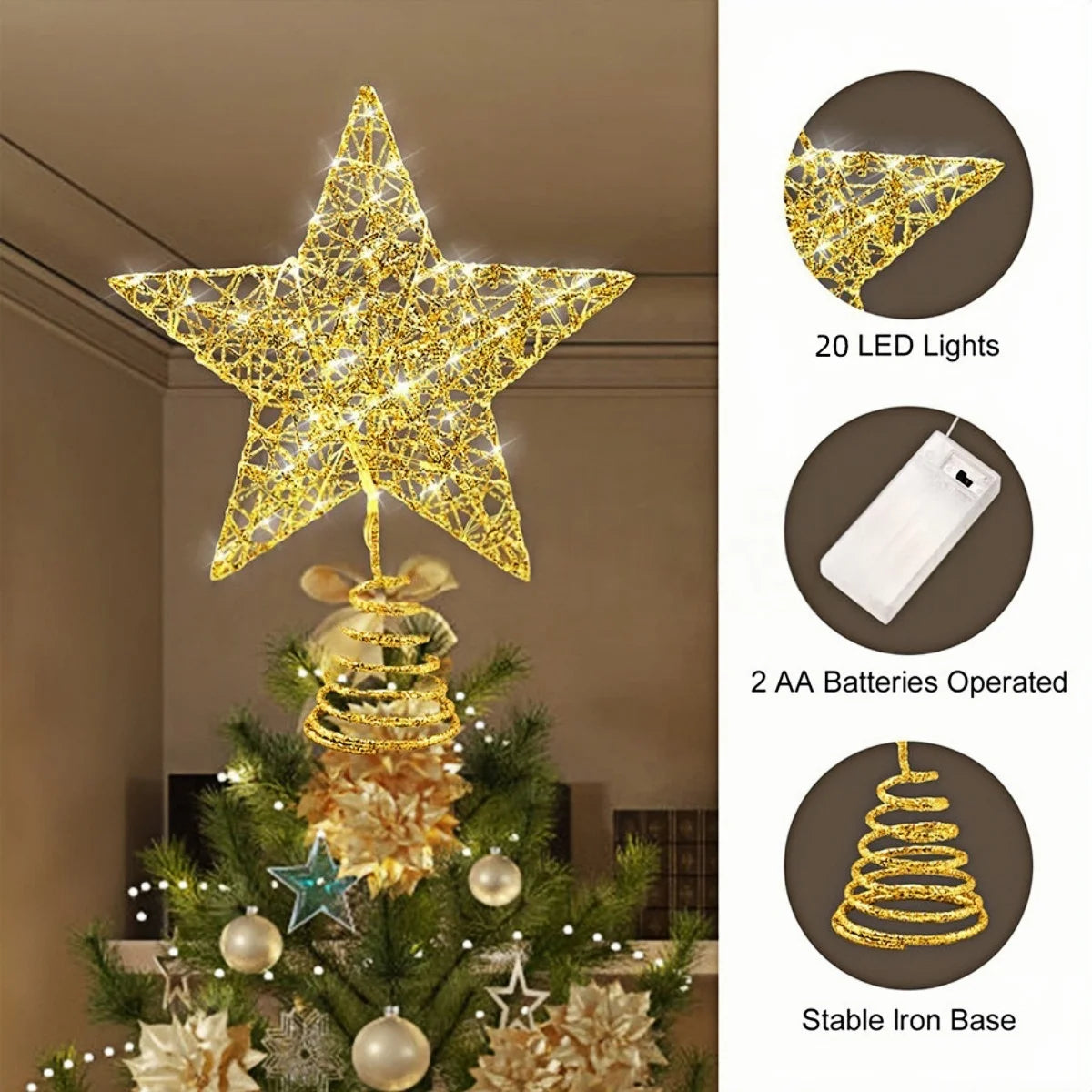 Iron Glitter Christmas Tree Topper Star With Led Copper Wire Lights Merry Christmas Tree Decor For Home Navidad Ornaments