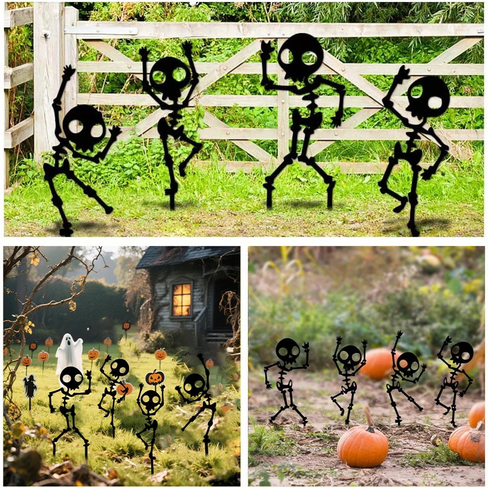 4PCS Spooky Dancing Skeleton Garden Stakes, Weatherproof Metal Yard Art for Halloween Decor, Easy Install Outdoor Lawn Ornaments