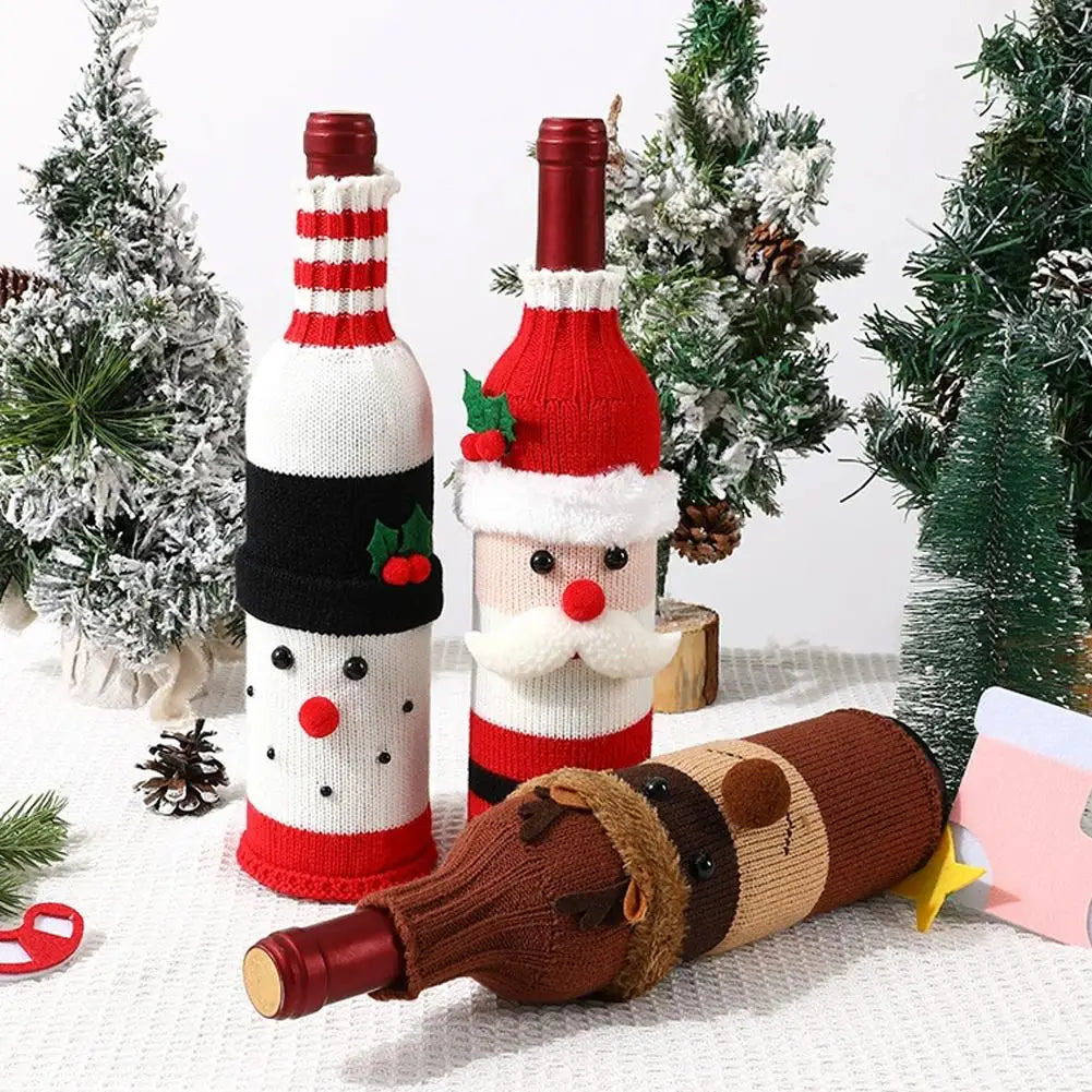 Christmas Sweater Wine Bottle Cover Set Santa Snowman Knitted Wine Bottle Bag Christmas Party Dinner Table Decoration