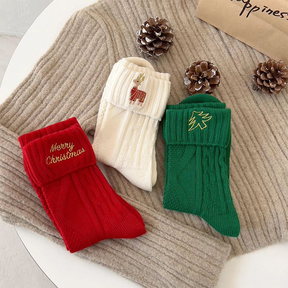 3 Pairs Cotton Cartoon Christmas Socks for Women Autumn Winter Warm Comfortable Cute Mid-tube Embroidery Merry Christmas Gifts
